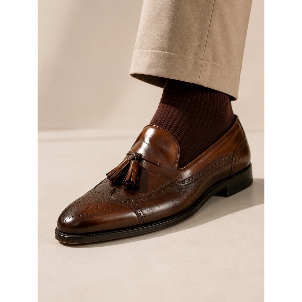 MEZLAN Men's Brown Leather Loafer Havana Brogue Tasseled Cap-Toe Shoe 8.5 US